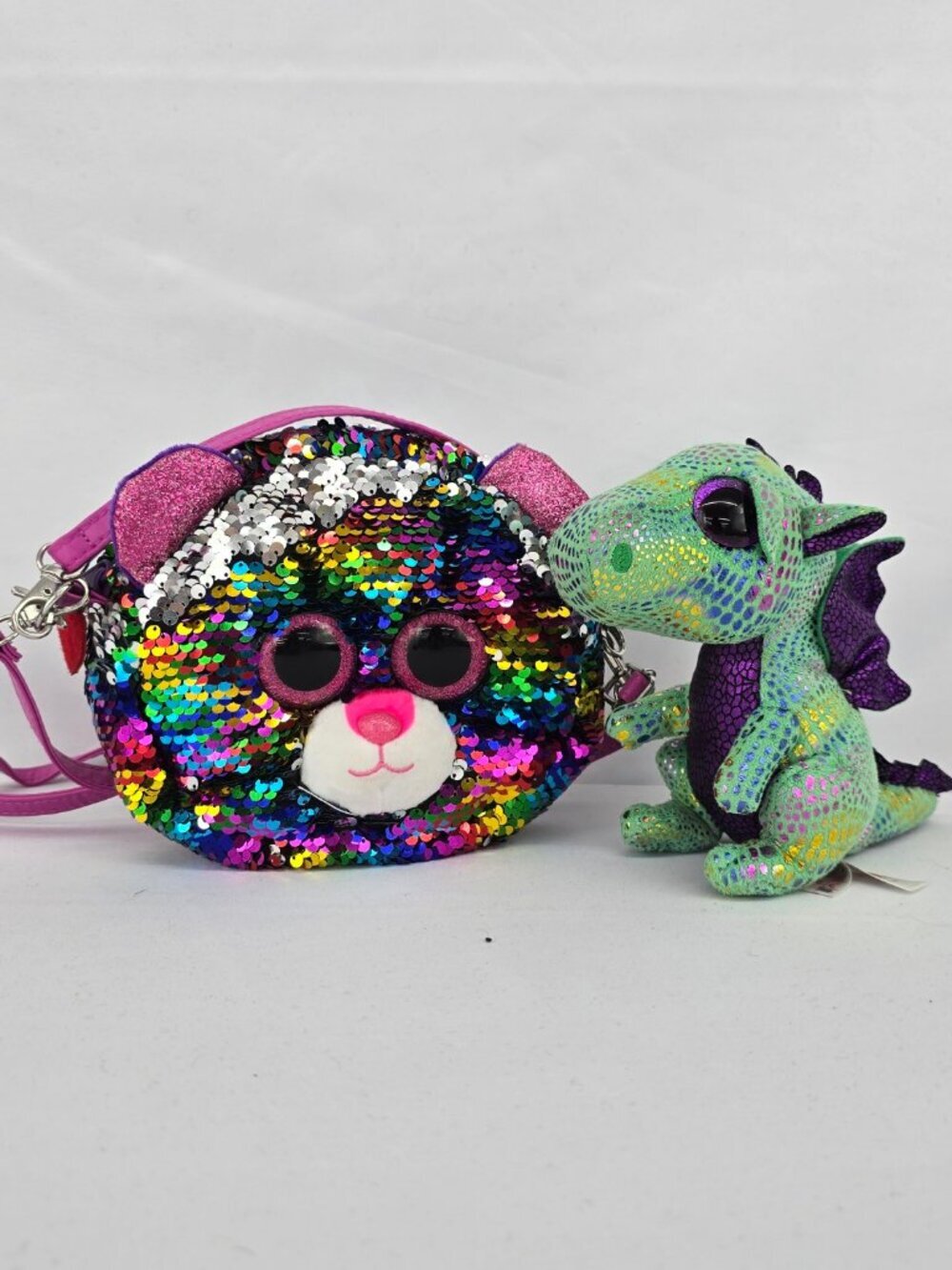 Ty Beanie Boos Sequin Cat Purse & Cinder Dragon Plush Bundle